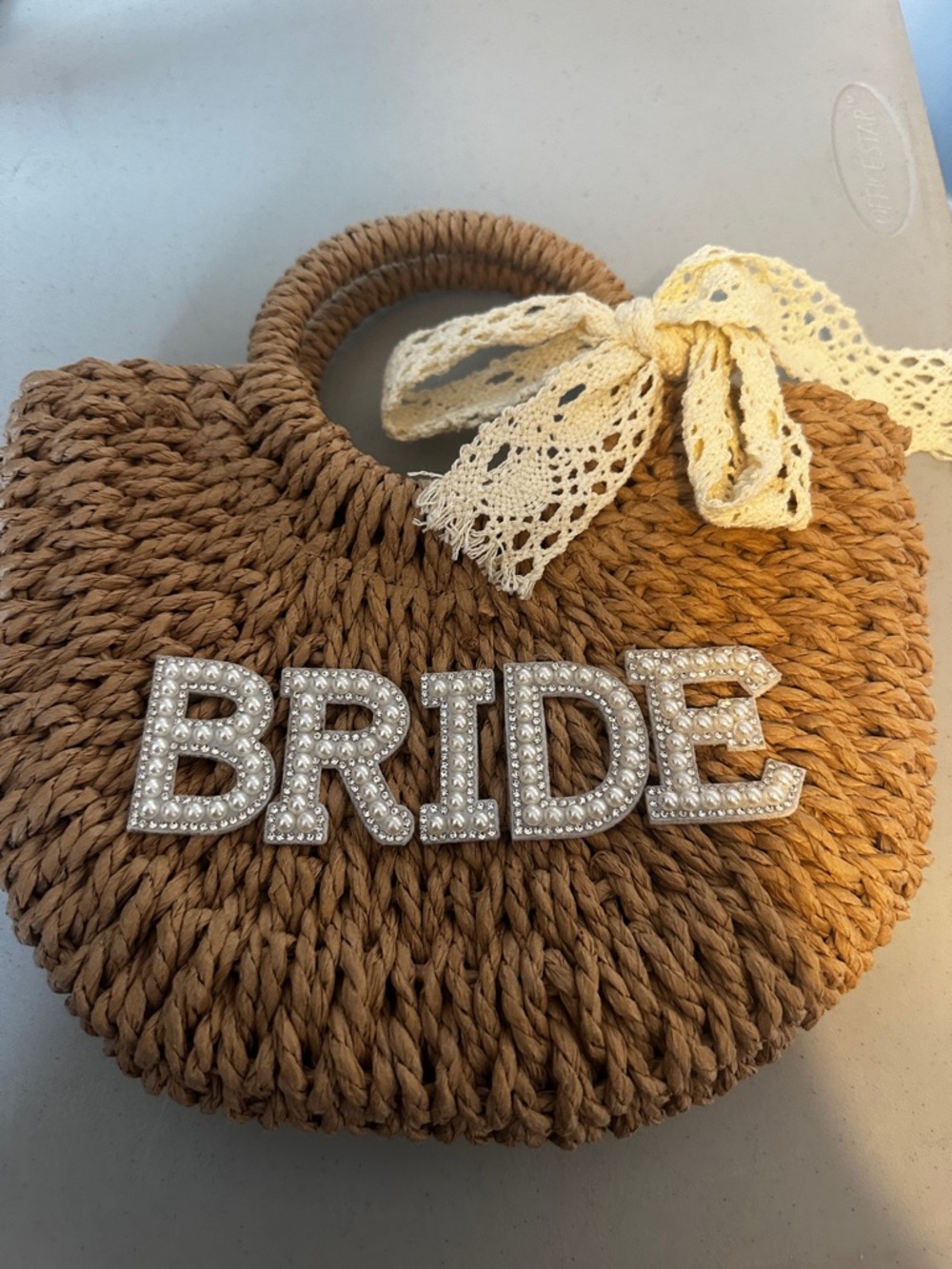 Braided Straw Bride Tote with Lace Bow